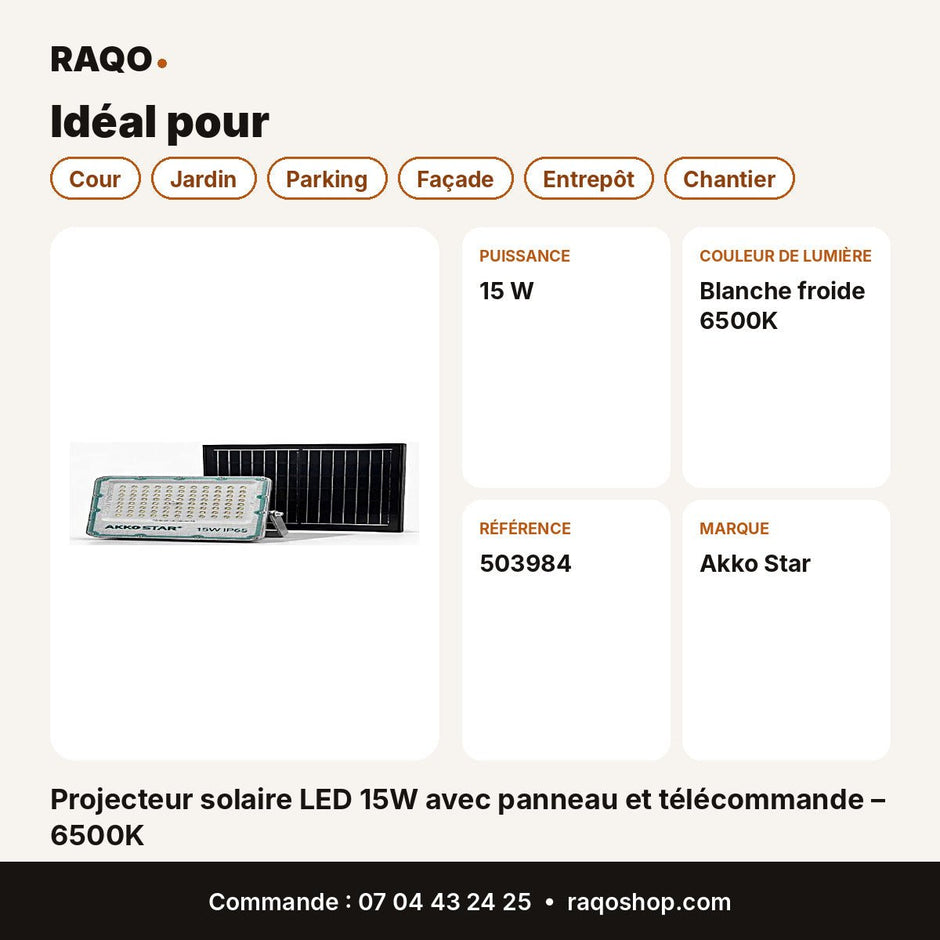 Projecteur solaire LED 15W avec panneau et télécommande – 6500K | Akko Star - RAQO