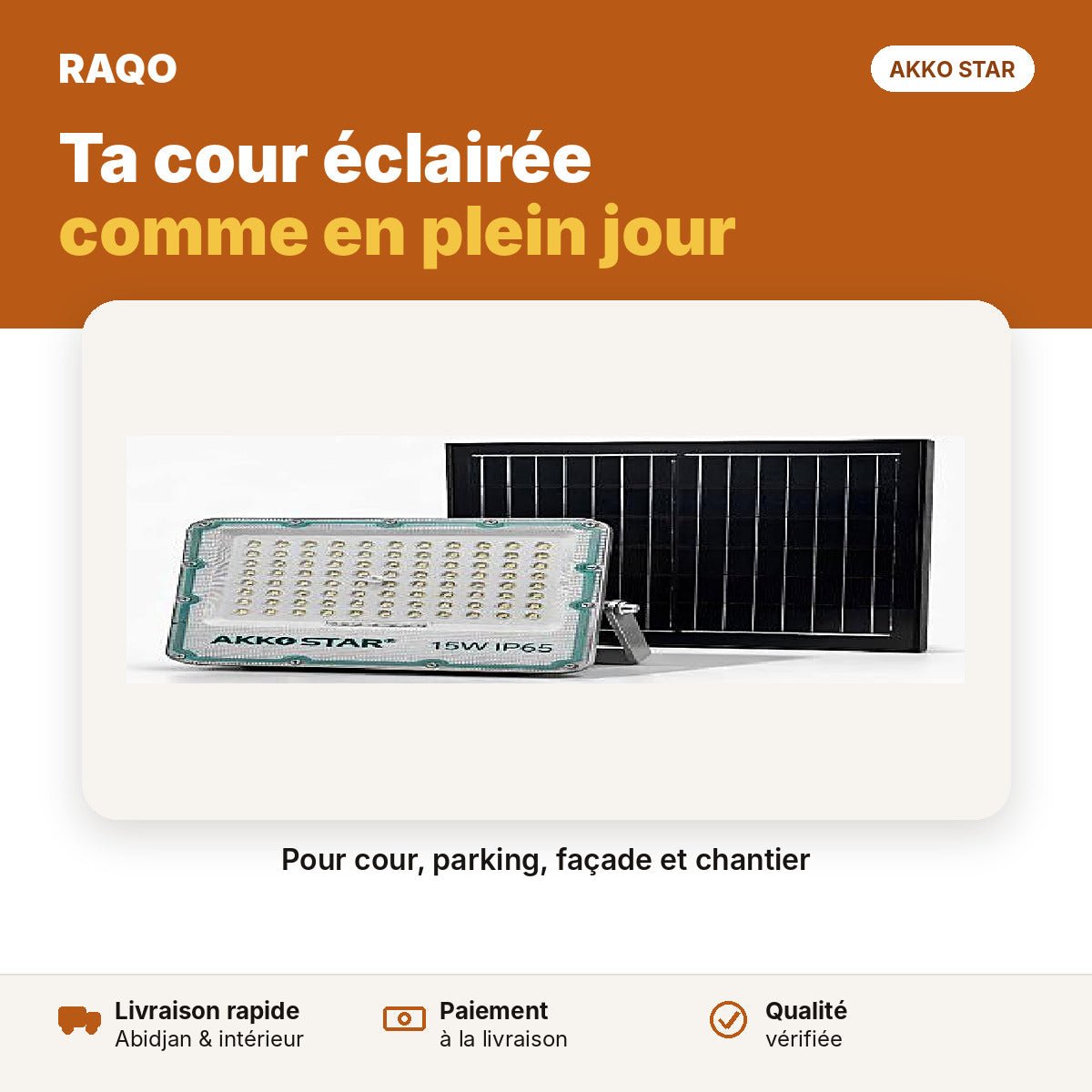 Projecteur solaire LED 15W avec panneau et télécommande – 6500K | Akko Star - RAQO