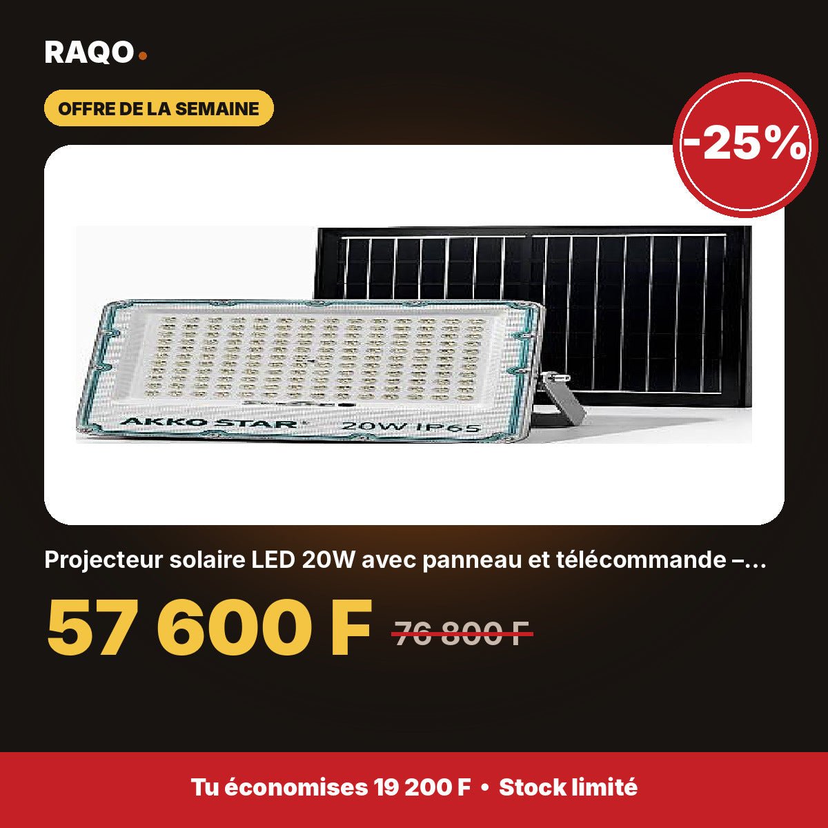 Projecteur solaire LED 20W avec panneau et télécommande – 6500K | Akko Star - RAQO