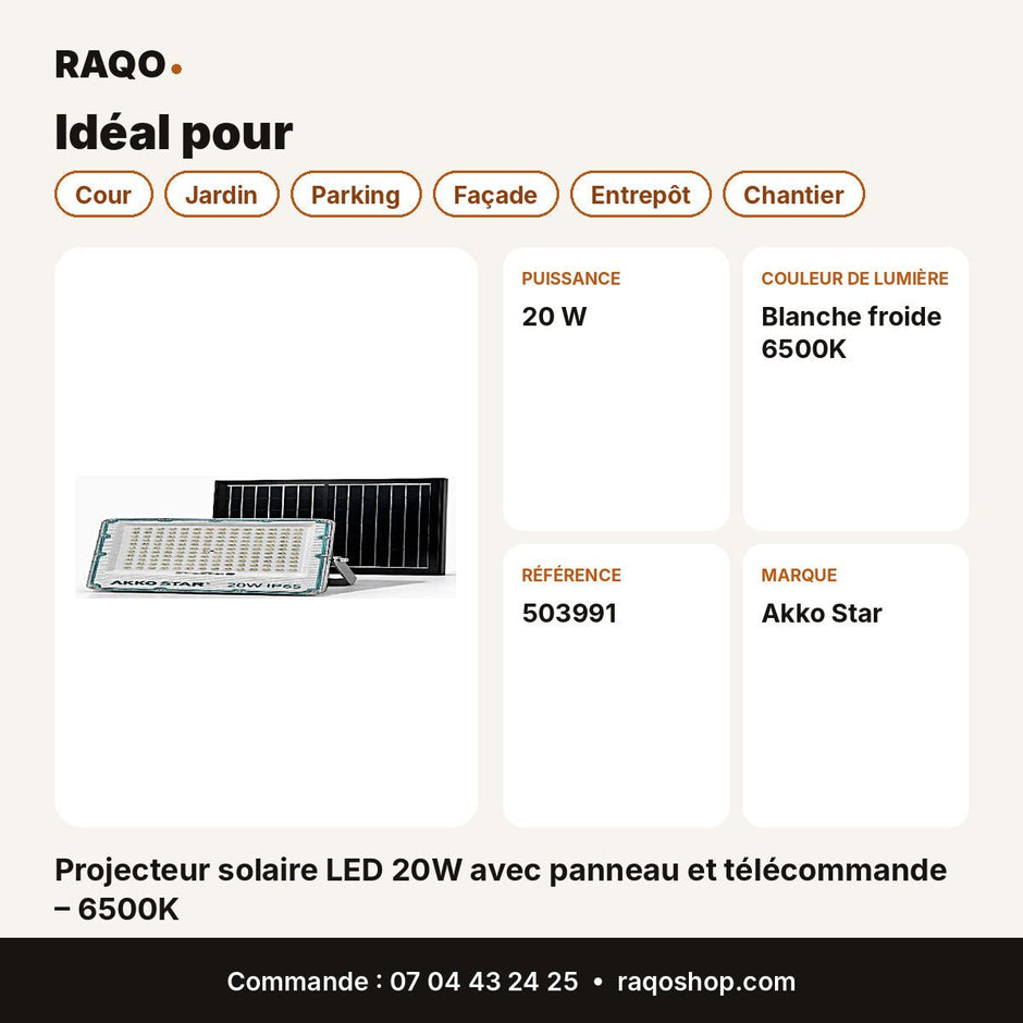 Projecteur solaire LED 20W avec panneau et télécommande – 6500K | Akko Star - RAQO