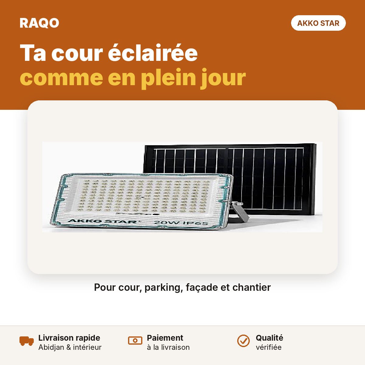 Projecteur solaire LED 20W avec panneau et télécommande – 6500K | Akko Star - RAQO