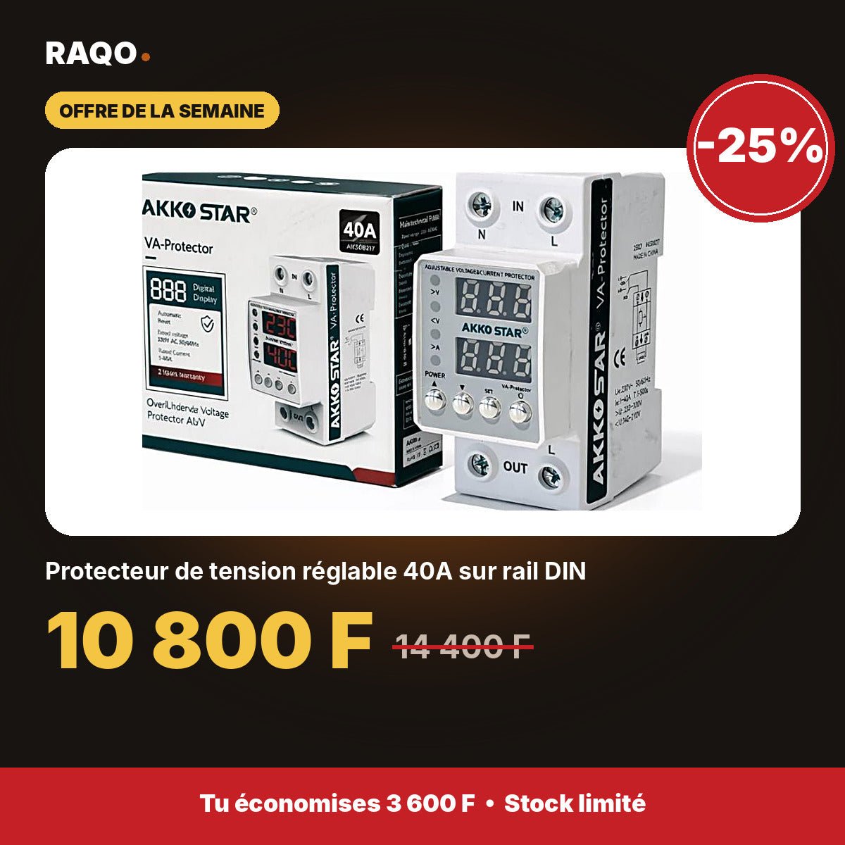 Protecteur de tension réglable 40A sur rail DIN | Akko Star - RAQO