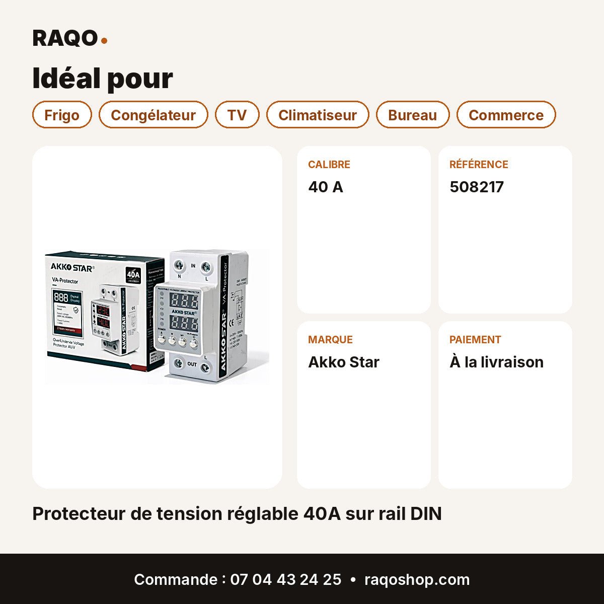 Protecteur de tension réglable 40A sur rail DIN | Akko Star - RAQO