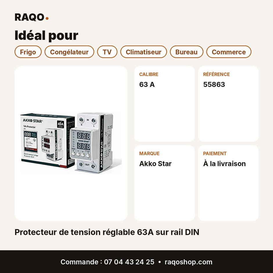 Protecteur de tension réglable 63A sur rail DIN | Akko Star - RAQO