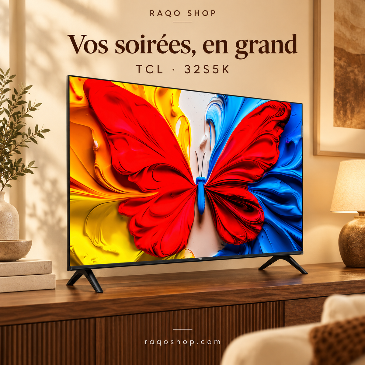 RAQO SHOP — TCL 32S5K — Vos soirées, en grand — vue de trois quarts gauche