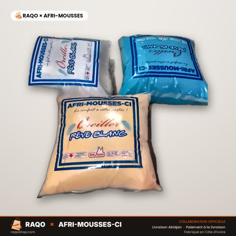 Balle d'Oreillers Rêve Blanc (Lot Gros) – RAQO × Afri-Mousses – autre angle – RAQO Abidjan