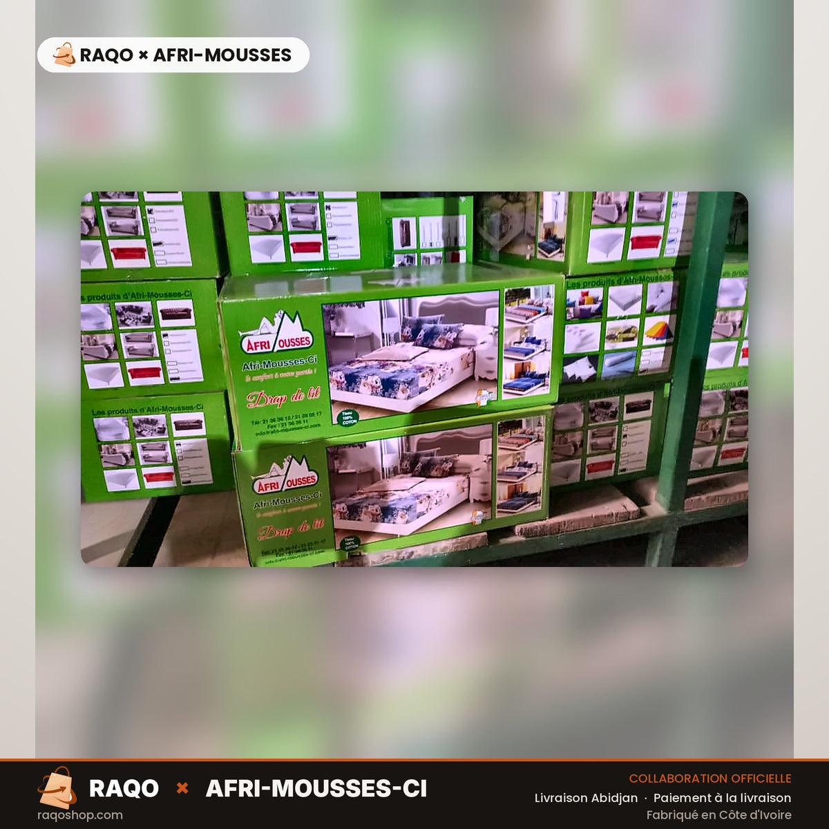 Carton de Draps de Lit (Lot Gros) – RAQO × Afri-Mousses – vue principale – RAQO Abidjan