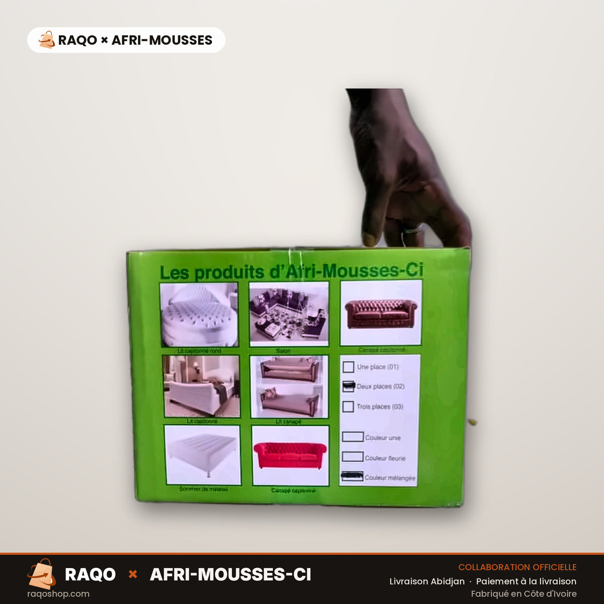 Carton de Draps de Lit (Lot Gros) – RAQO × Afri-Mousses – autre angle – RAQO Abidjan