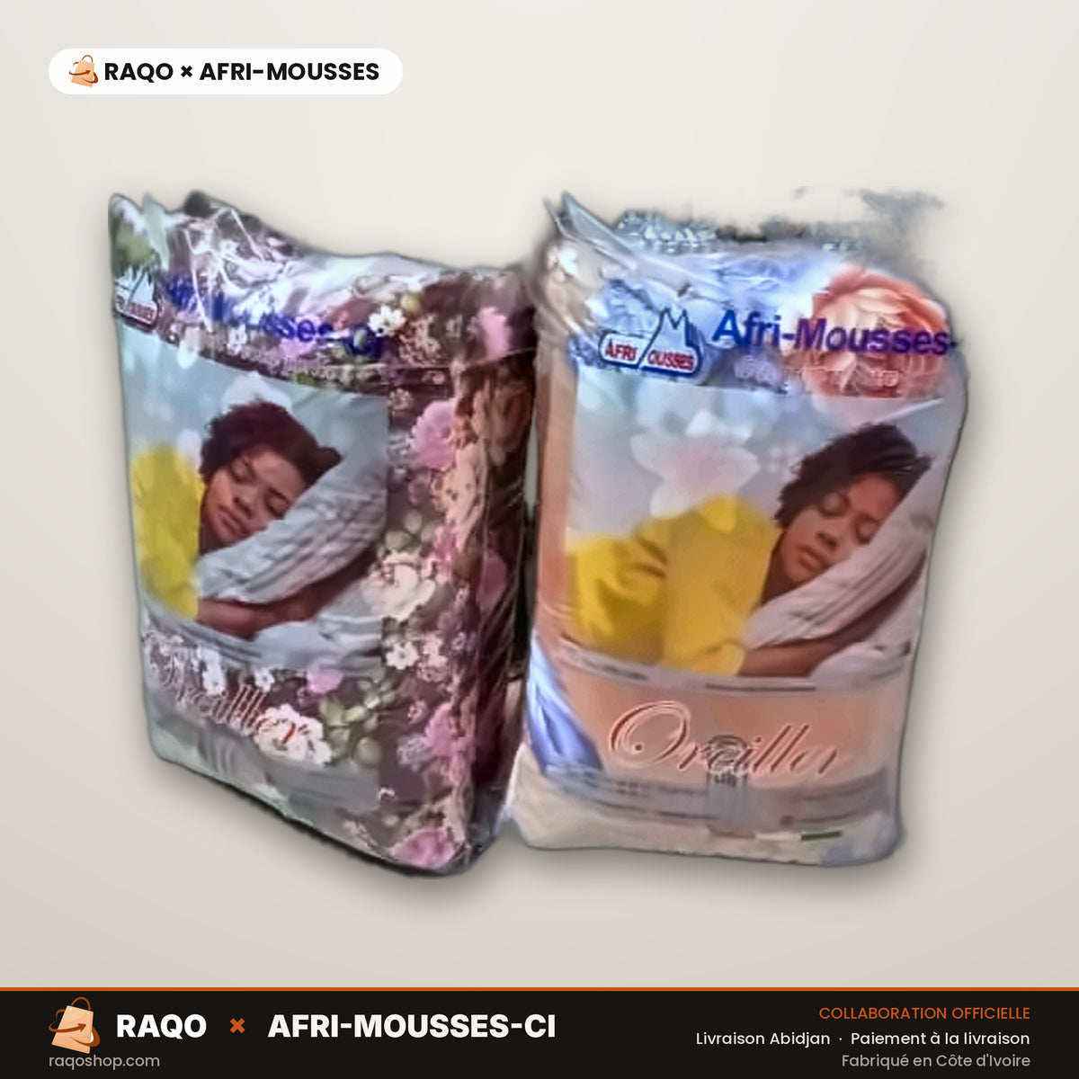 Oreiller Classique – RAQO × Afri-Mousses – autre angle – RAQO Abidjan
