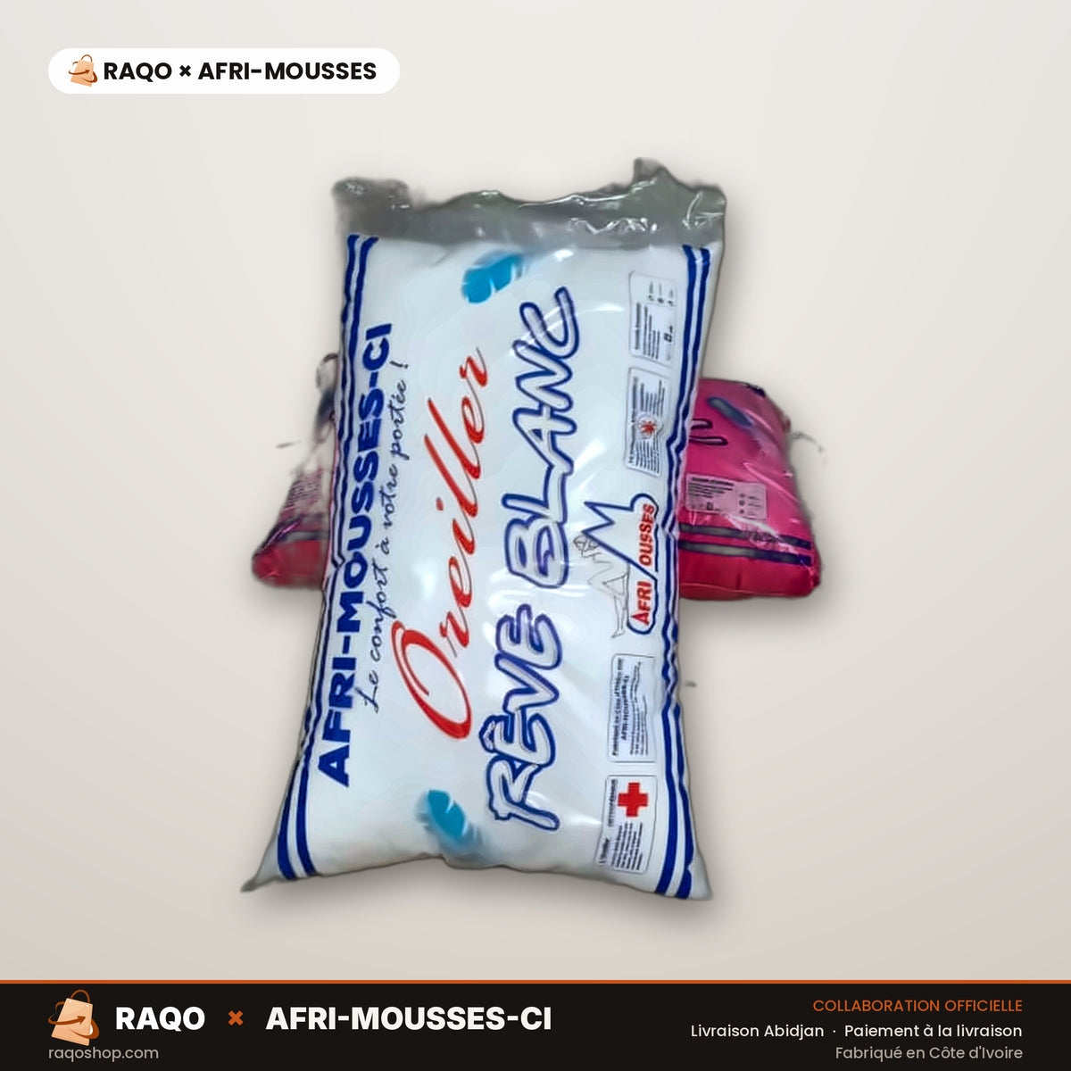 Oreiller Rêve Blanc – RAQO × Afri-Mousses – autre angle – RAQO Abidjan