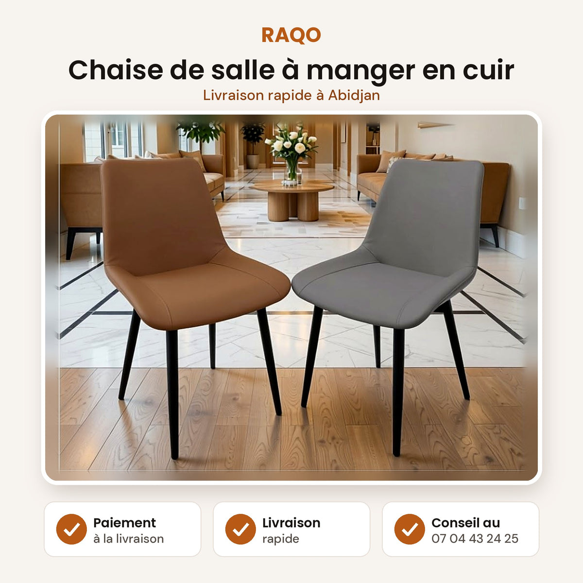 Chaise de salle à manger en cuir – fiche produit, paiement à la livraison – RAQO Abidjan