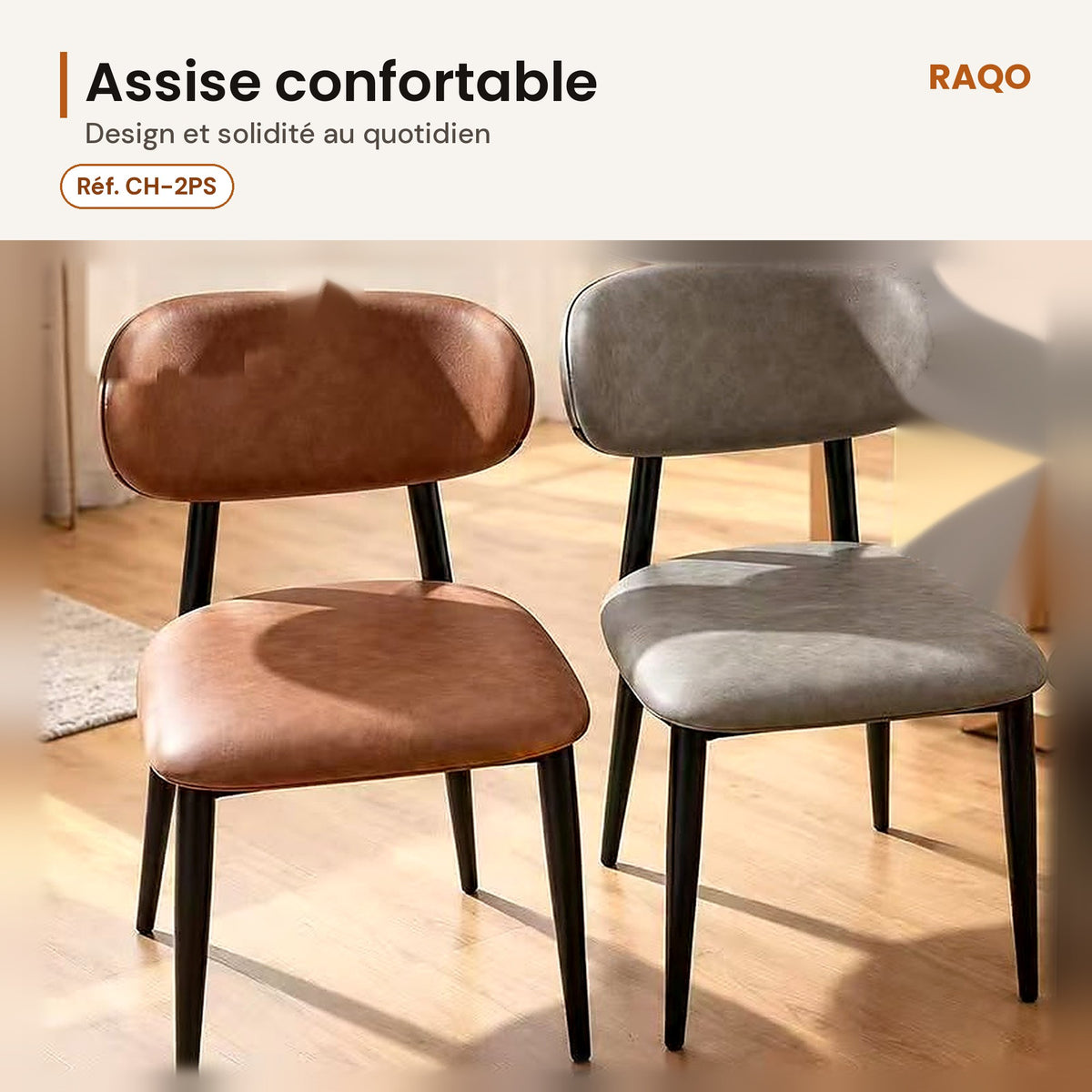 Chaise de salle à manger en cuir – lot de 2 – détail et finitions – RAQO Abidjan