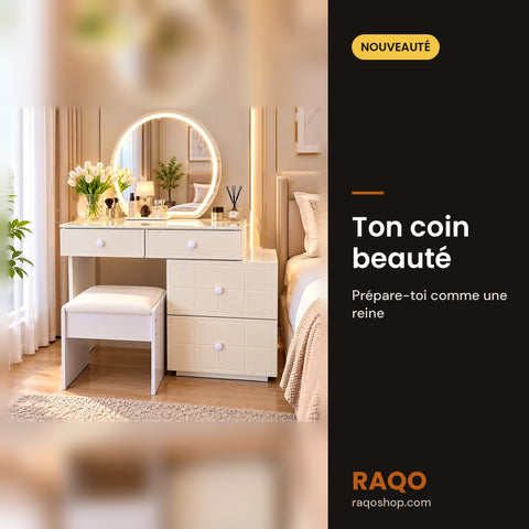Coiffeuse 026 avec miroir et tabouret – en situation – RAQO Abidjan