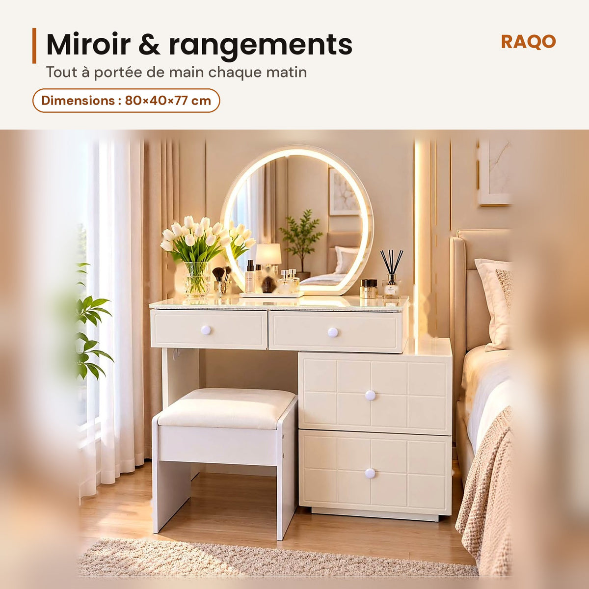 Coiffeuse 026 avec miroir et tabouret – détail et finitions – RAQO Abidjan
