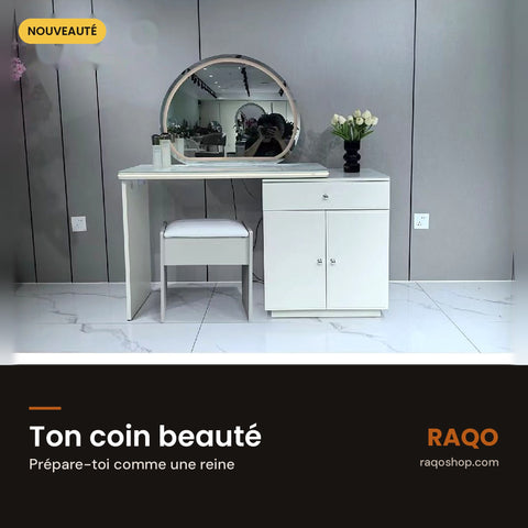 Coiffeuse 029 avec miroir et tabouret – en situation – RAQO Abidjan