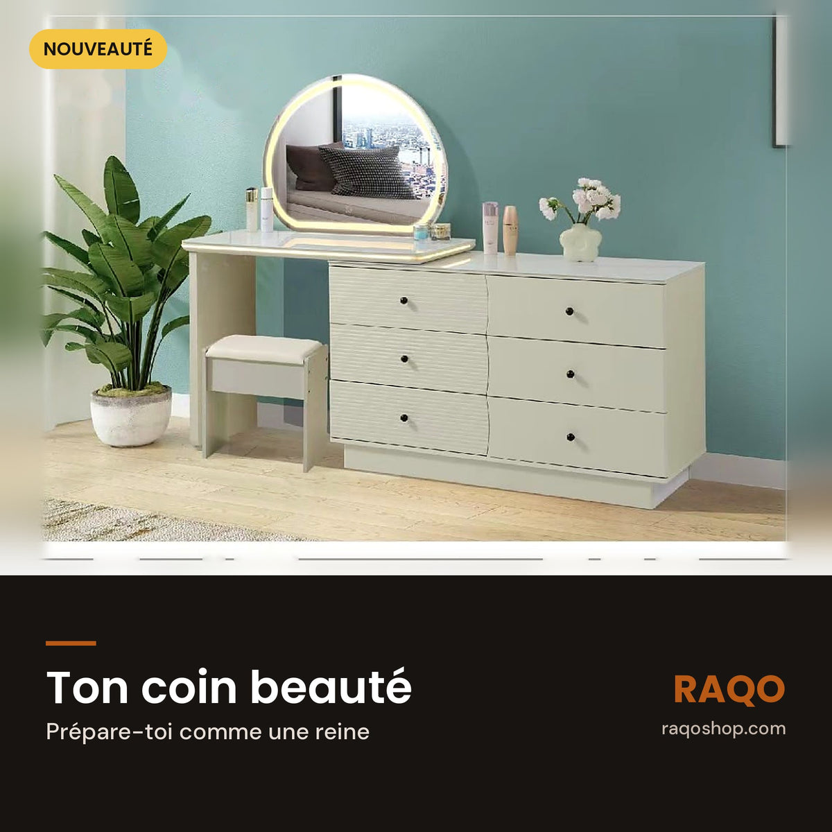 Coiffeuse 803 avec miroir – en situation – RAQO Abidjan