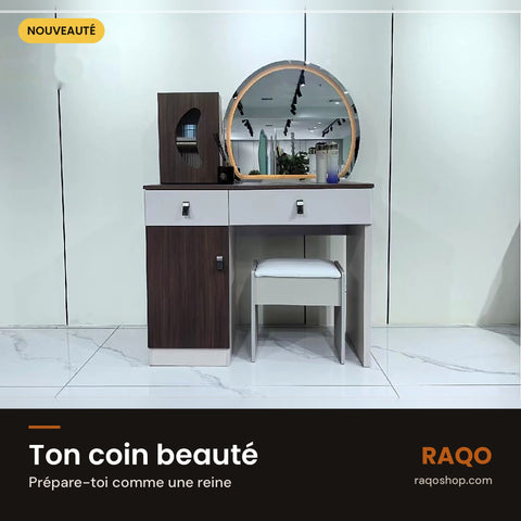 Coiffeuse E61 avec miroir et tabouret – en situation – RAQO Abidjan