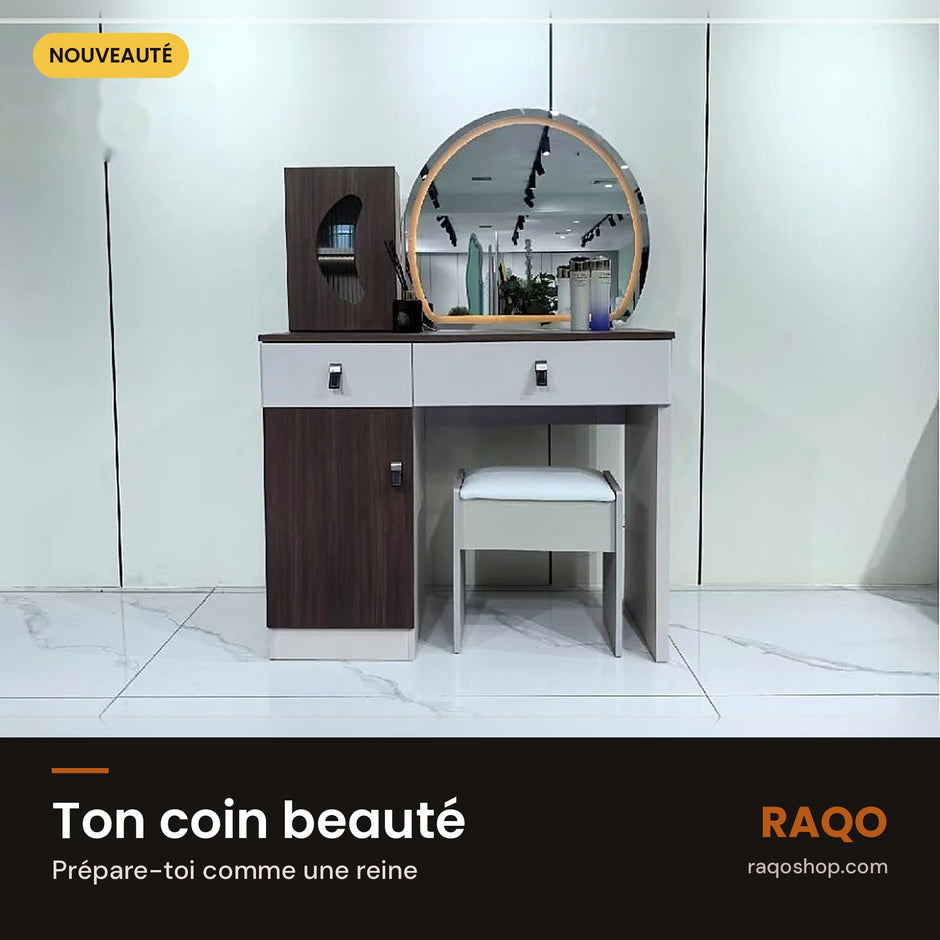 Coiffeuse E61 avec miroir et tabouret – en situation – RAQO Abidjan