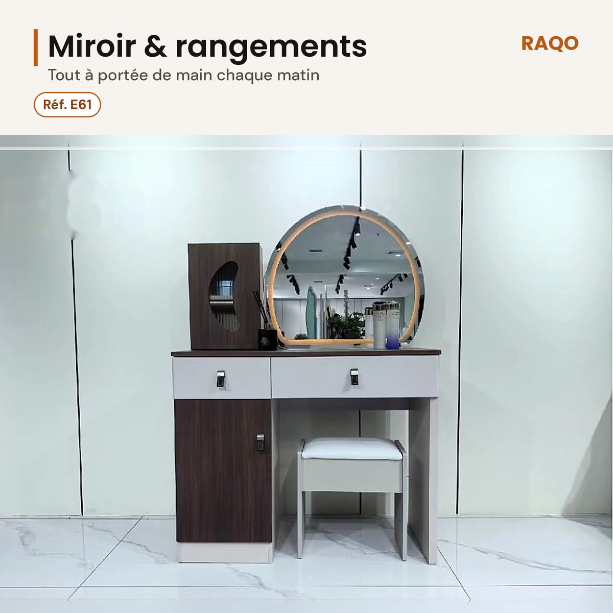Coiffeuse E61 avec miroir et tabouret – détail et finitions – RAQO Abidjan