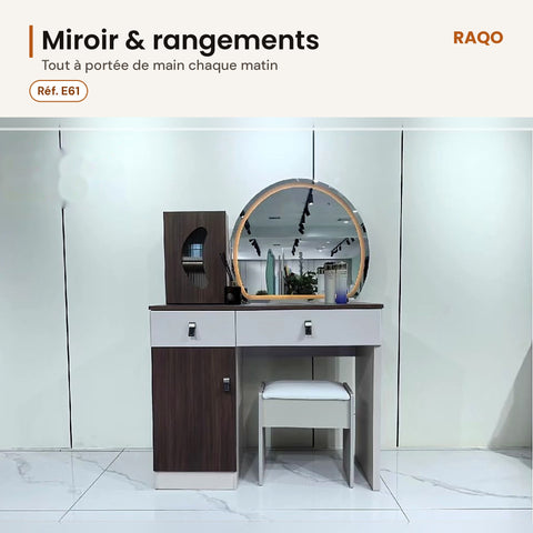 Coiffeuse E61 avec miroir et tabouret – détail et finitions – RAQO Abidjan