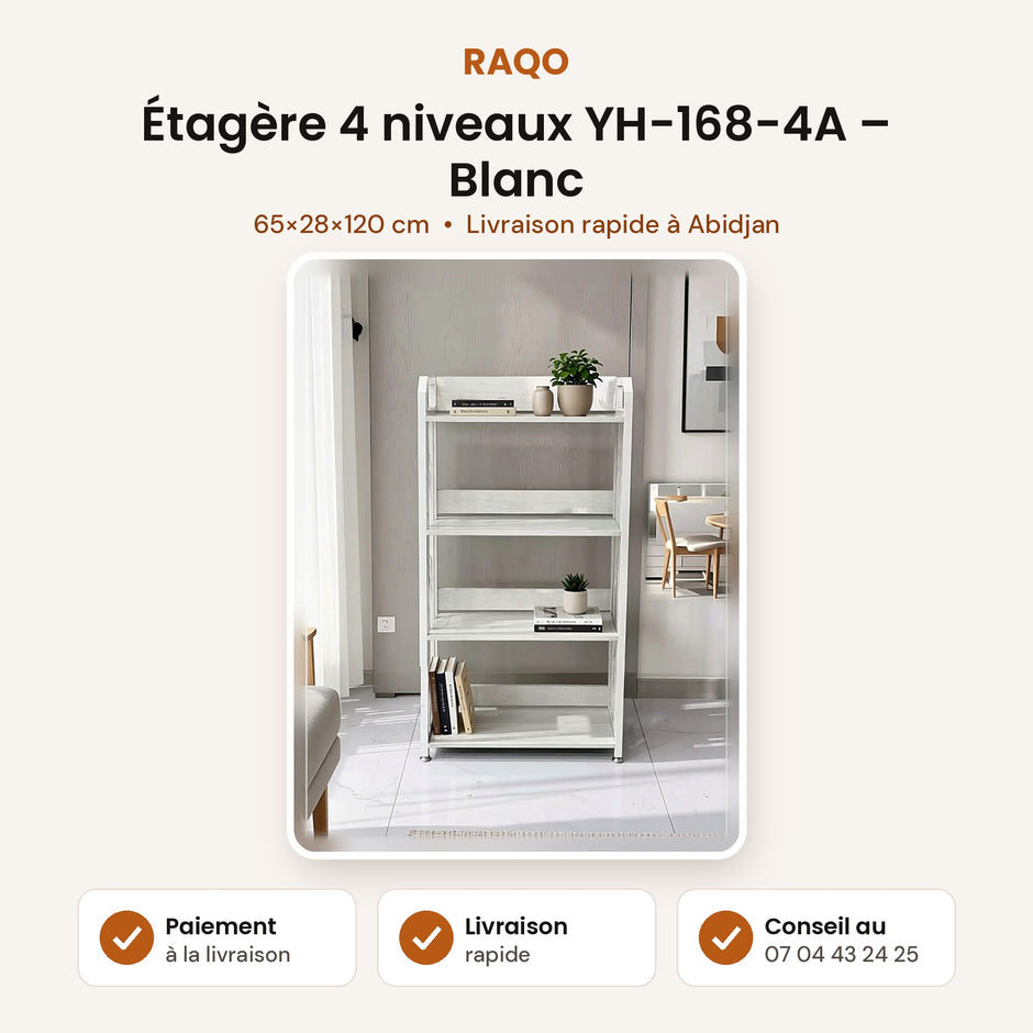 Étagère 4 niveaux YH-168-4A – Blanc – fiche produit, paiement à la livraison – RAQO Abidjan