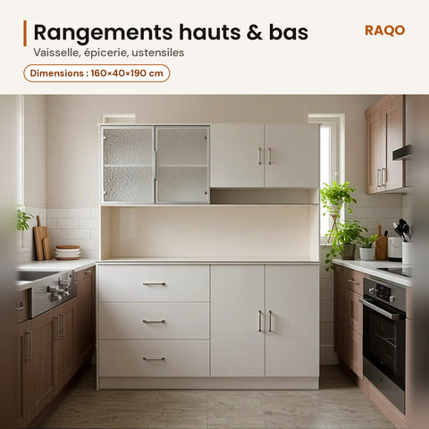 Vue de face du meuble de cuisine JS166-5 blanc sur un visuel indiquant le format 160×40×190 cm.