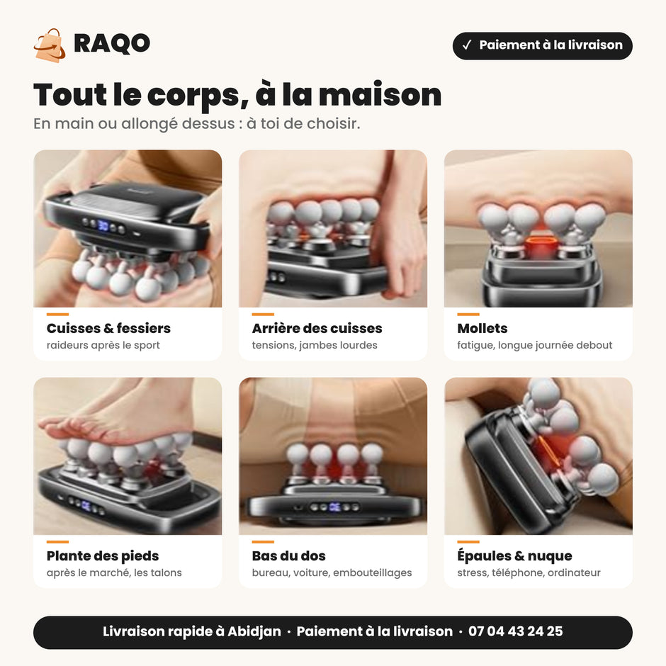 Pistolet de massage – zones du corps : cuisses, mollets, pieds, bas du dos, nuque – RAQO