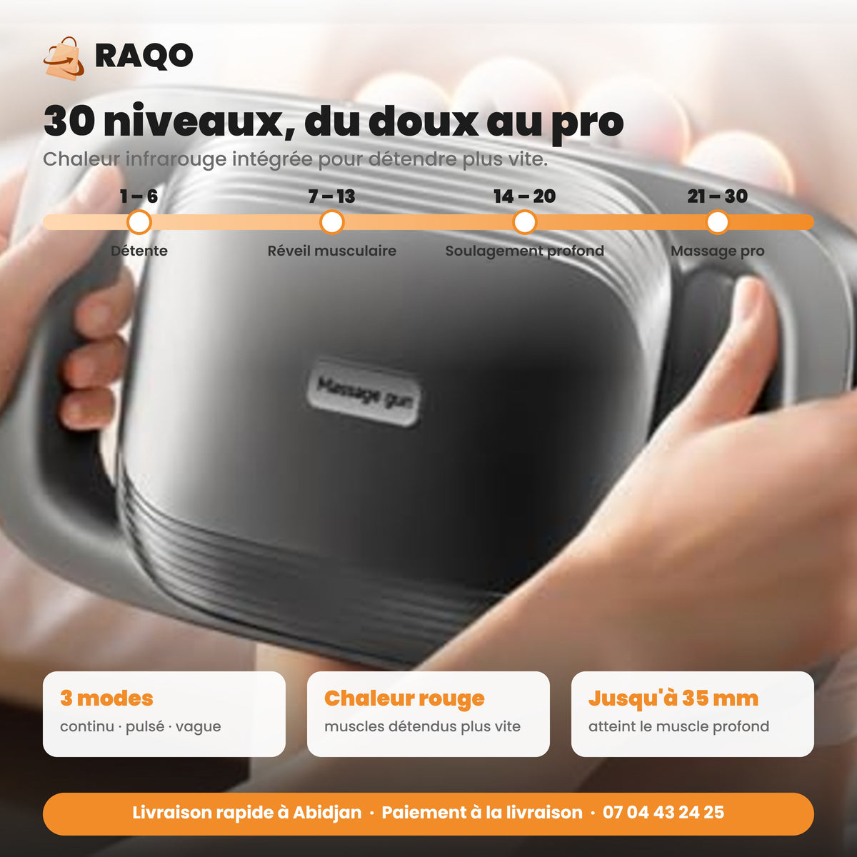 Pistolet de massage – 30 niveaux, 3 modes, chaleur infrarouge – RAQO