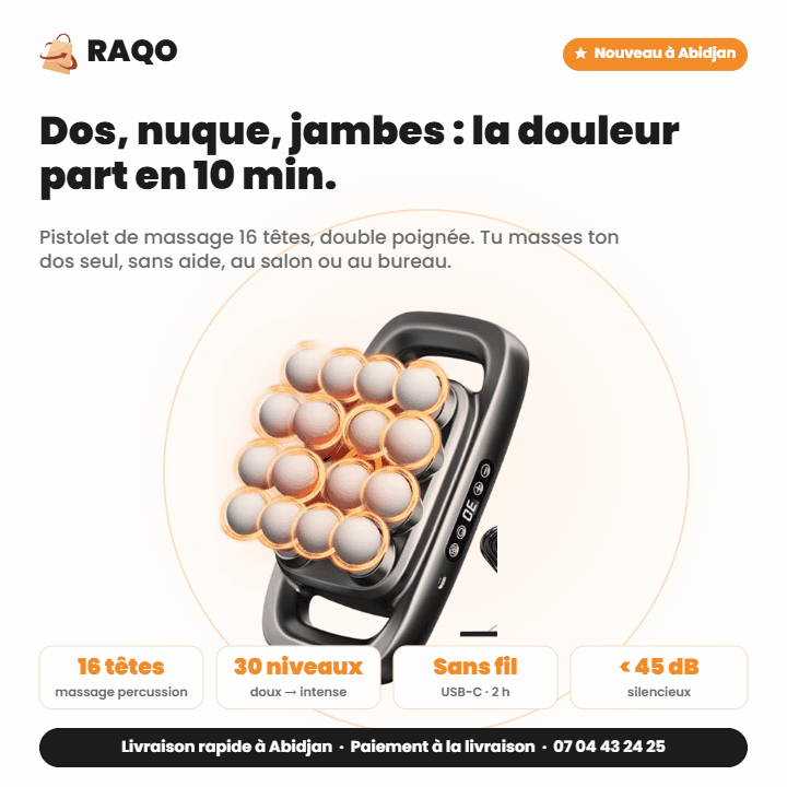Pistolet de massage 16 têtes – animation présentation – RAQO