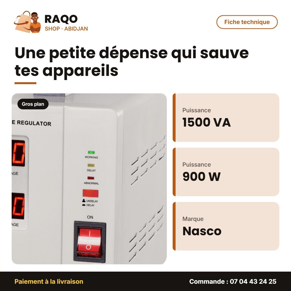 Stabilisateur Nasco 1500VA SVR-105-1500VA – Fiche technique | RAQO Shop