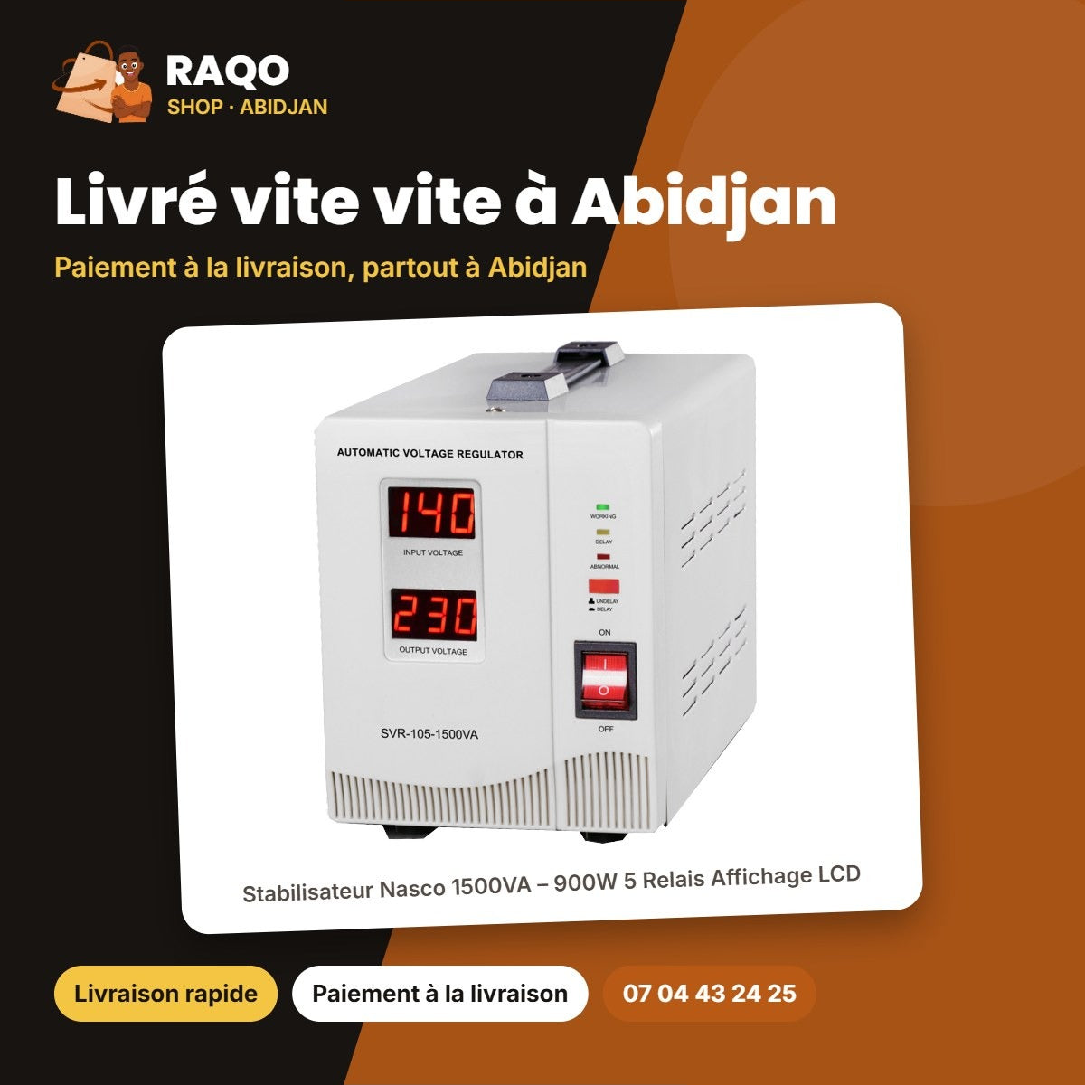 Stabilisateur Nasco 1500VA SVR-105-1500VA – Livraison rapide à Abidjan | RAQO Shop