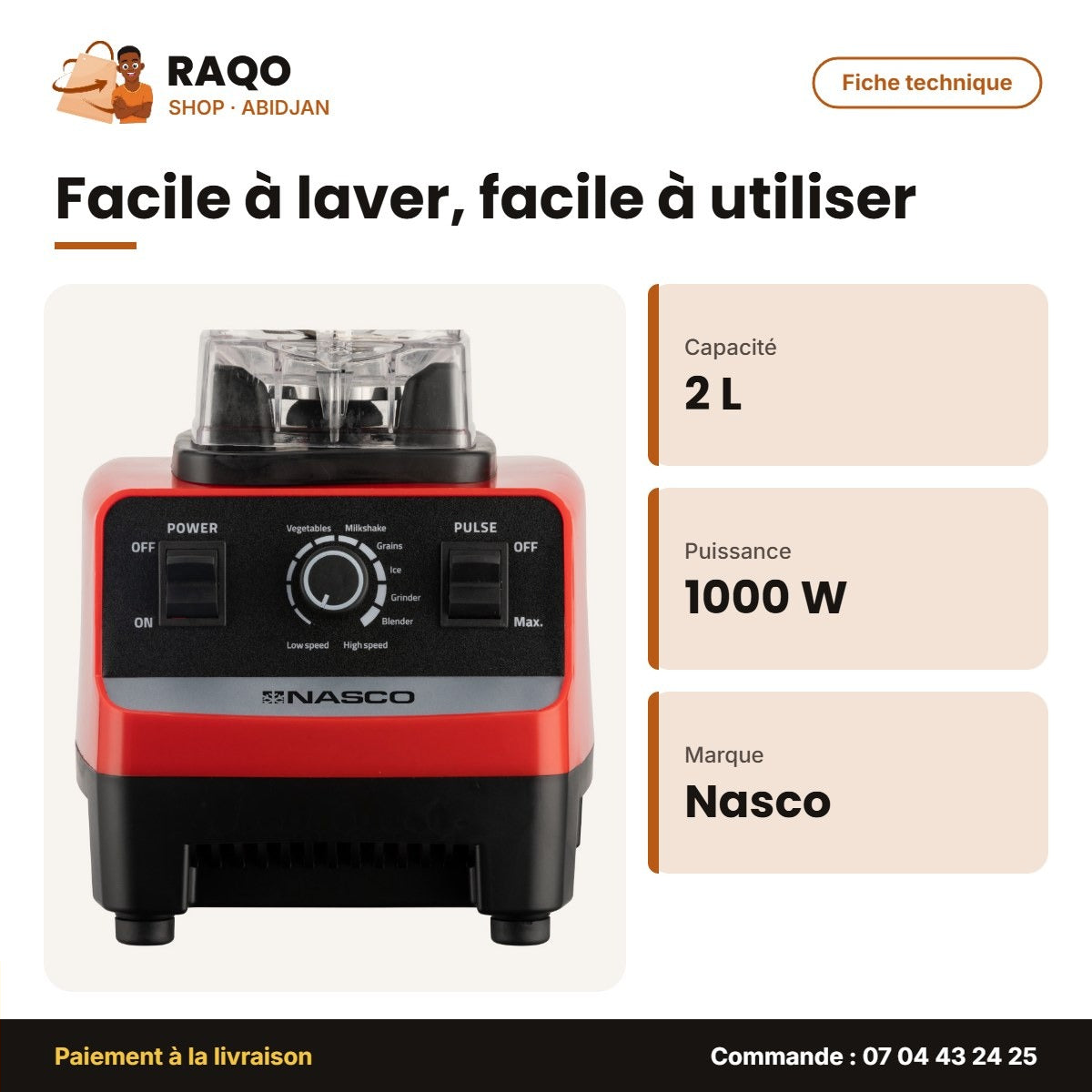 Mixeur Nasco 2L 1000W NAS-BL1351-TMT – Fiche technique | RAQO Shop
