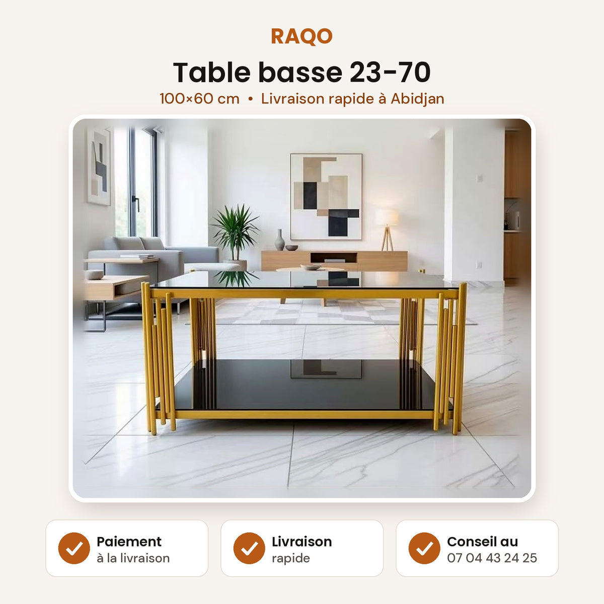 Table basse 23-70 – fiche produit, paiement à la livraison – RAQO Abidjan