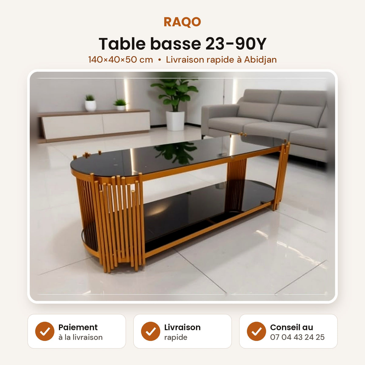 Table basse 23-90Y – fiche produit, paiement à la livraison – RAQO Abidjan