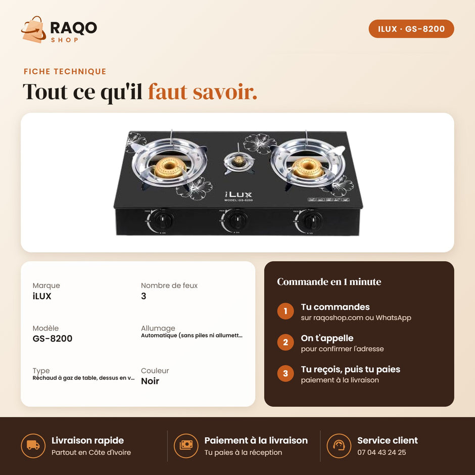 Réchaud à Gaz iLUX – 3 Feux - RAQO (fiche technique)