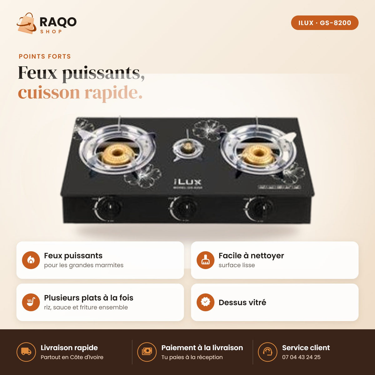 Réchaud à Gaz iLUX – 3 Feux - RAQO (points forts)