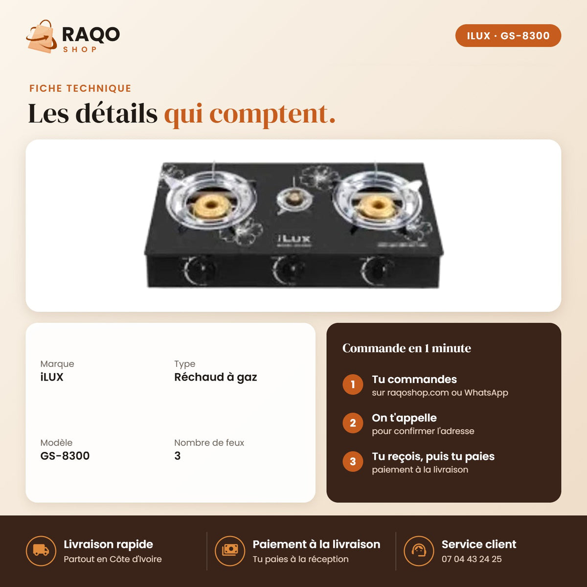 Réchaud à Gaz iLUX – 3 Feux - RAQO (fiche technique)