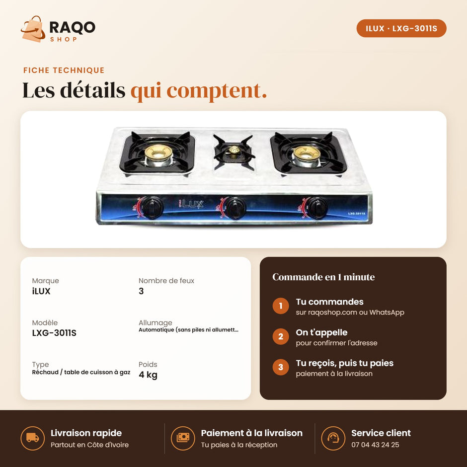 Réchaud à Gaz iLUX – 3 Feux - RAQO (fiche technique)