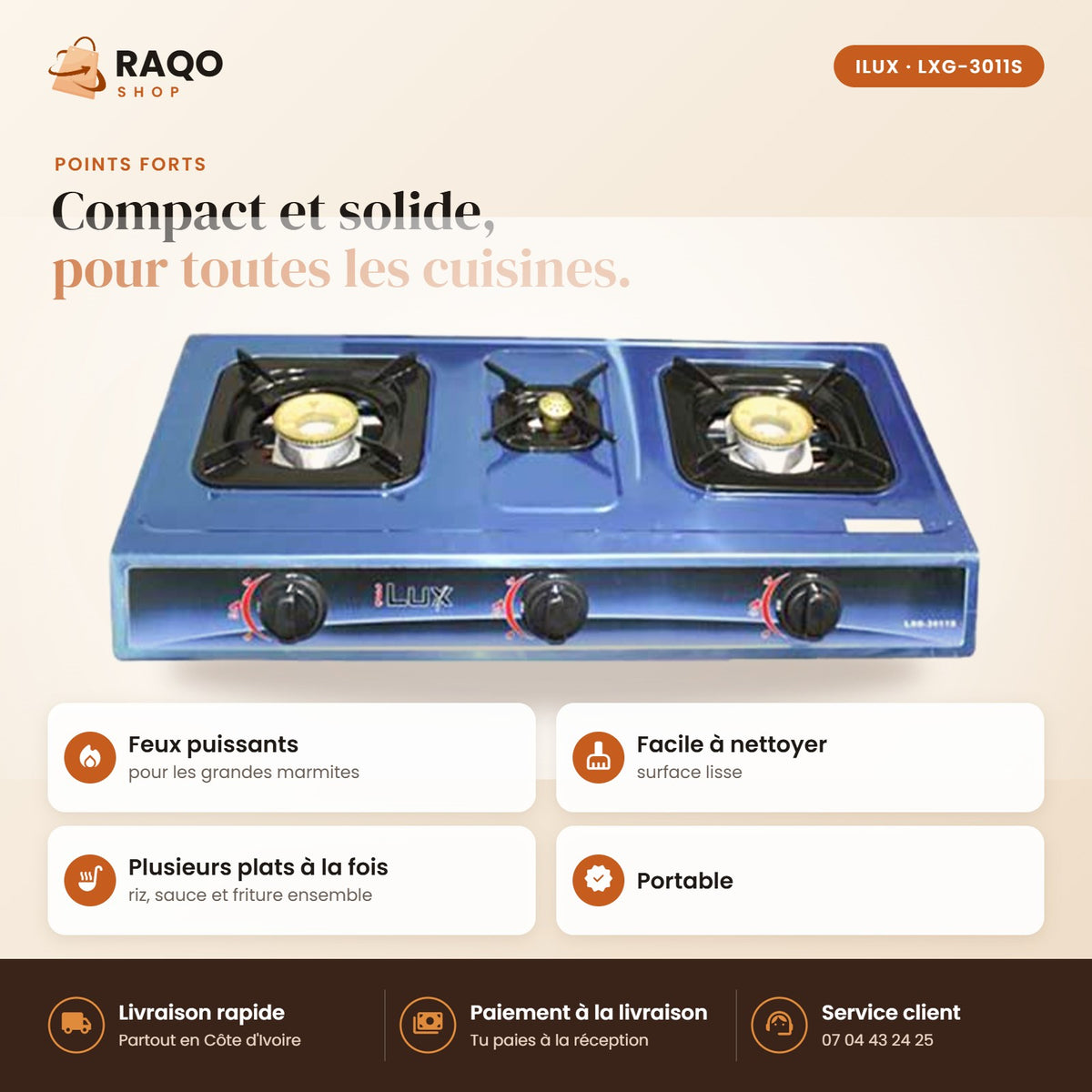 Réchaud à Gaz iLUX – 3 Feux - RAQO (points forts)
