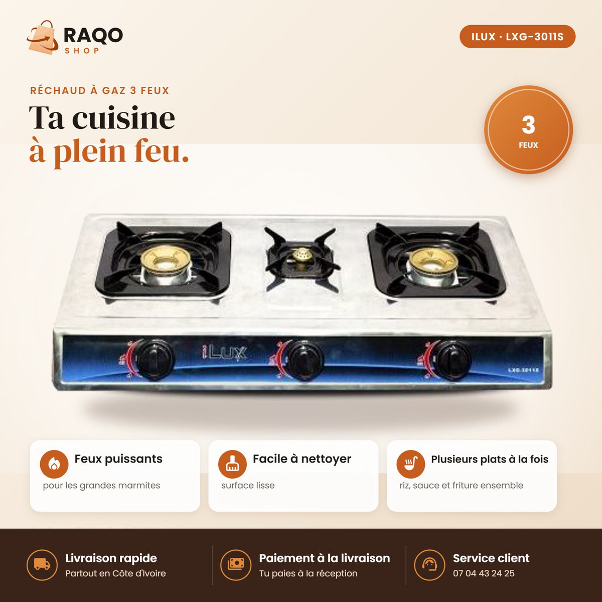 Réchaud à Gaz iLUX – 3 Feux - RAQO