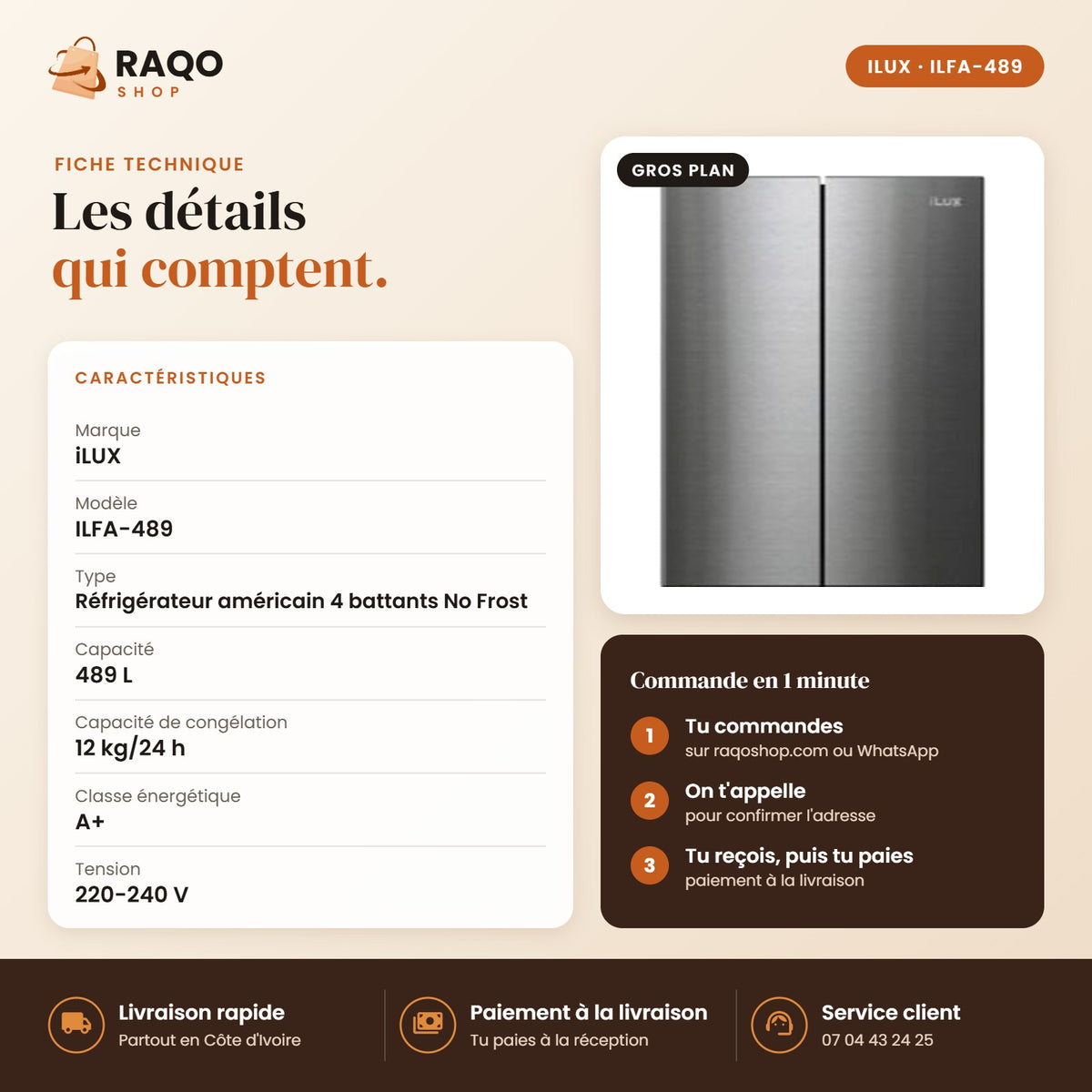 Réfrigérateur Américain iLUX – 489 L - RAQO (fiche technique)