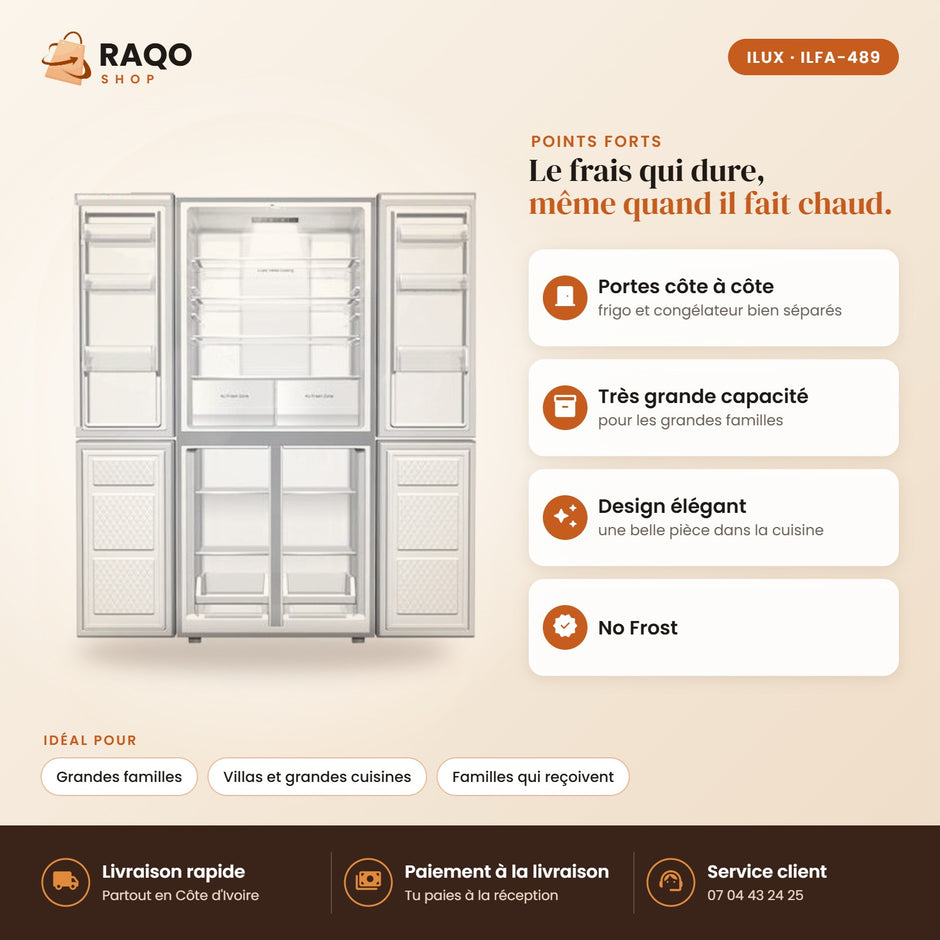 Réfrigérateur Américain iLUX – 489 L - RAQO (points forts)