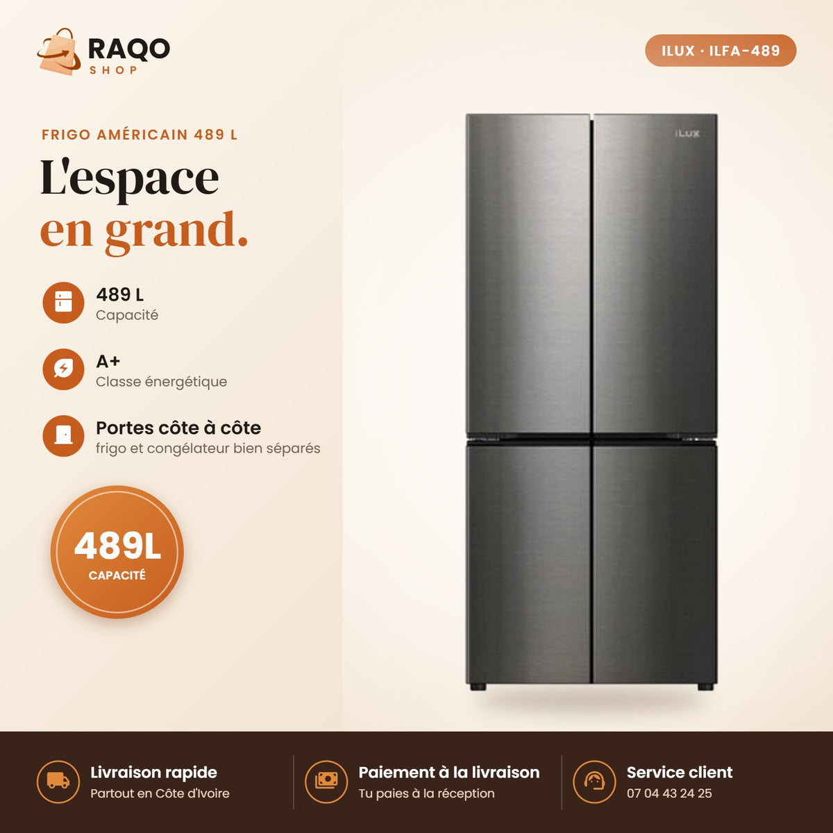 Réfrigérateur Américain iLUX – 489 L - RAQO