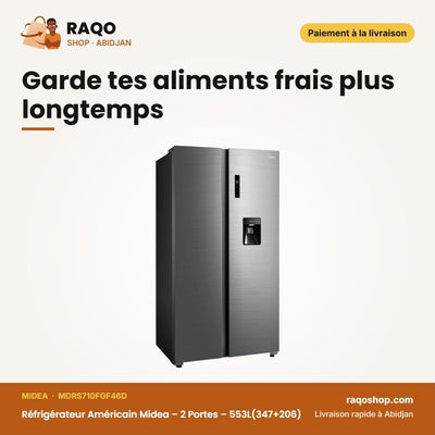 Réfrigérateur Américain Midea – 2 Portes – 553L(347+206) – Brossé Steel | MDRS710FGF46D