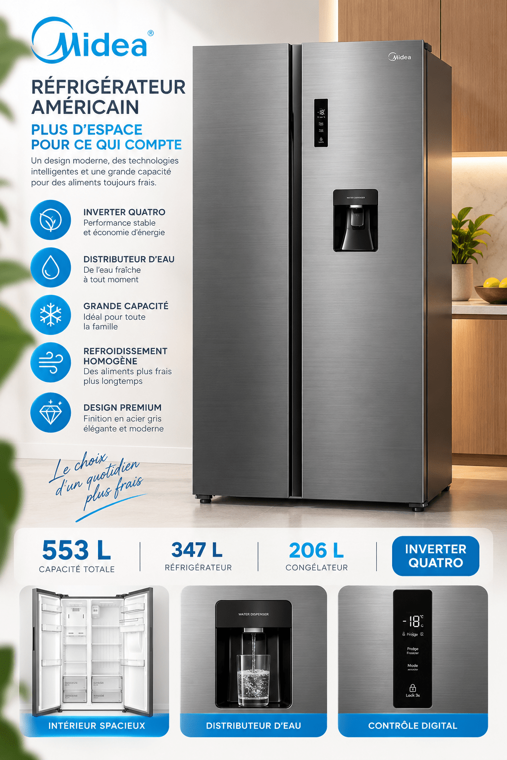 Réfrigérateur Américain Midea 553L avec Distributeur d’Eau – MDRS710FGF46D - RAQO