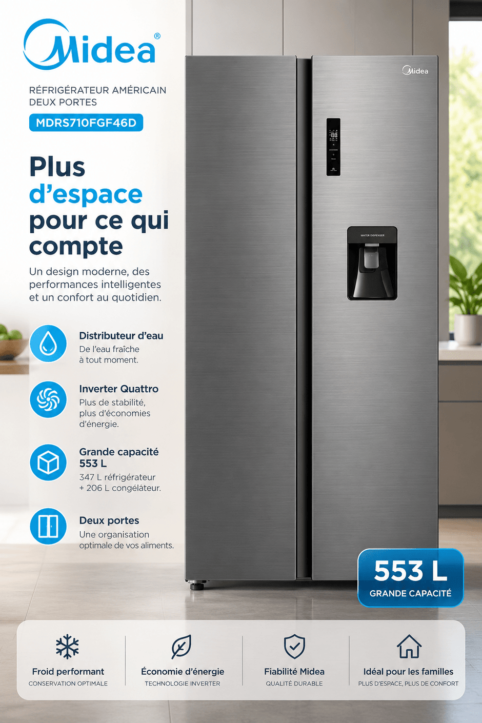 Réfrigérateur Américain Midea 553L avec Distributeur d’Eau – MDRS710FGF46D - RAQO