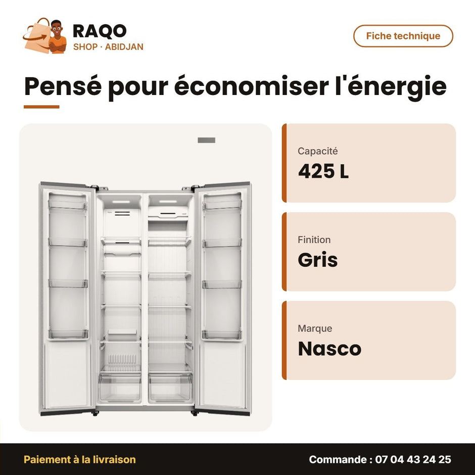 Réfrigérateur Américain Nasco – 2 Portes – 425L (252L+173L) – Gris Fonce | SNASF2-62V1 - RAQO