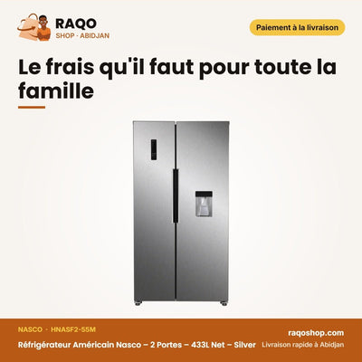 Réfrigérateur Américain Nasco – 2 Portes – 433L Net – Silver | HNASF2-55M