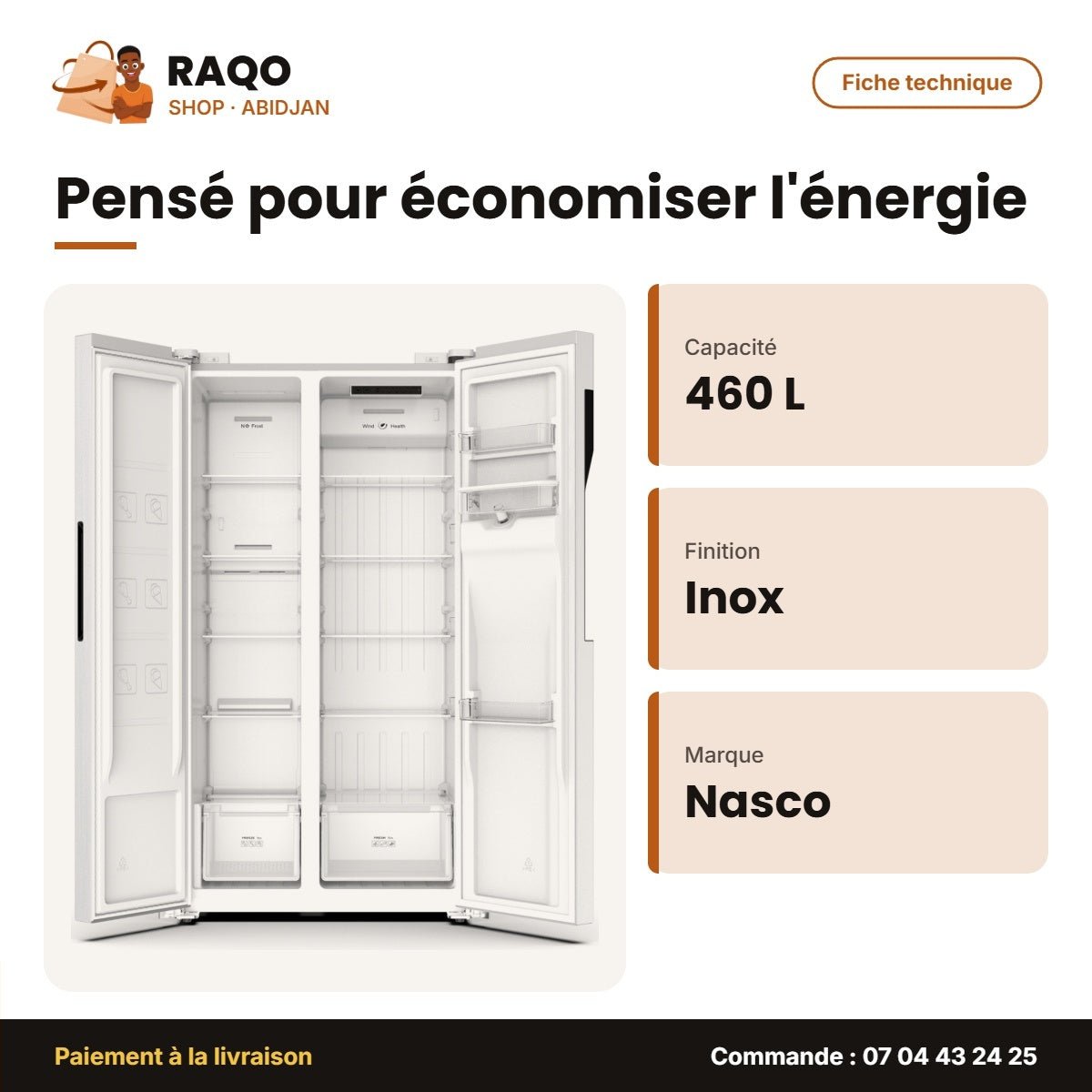 Réfrigérateur Américain Nasco – 2PORTES – 460L NET(280L+180L) – Inox | KNASF2-62.2WD - RAQO