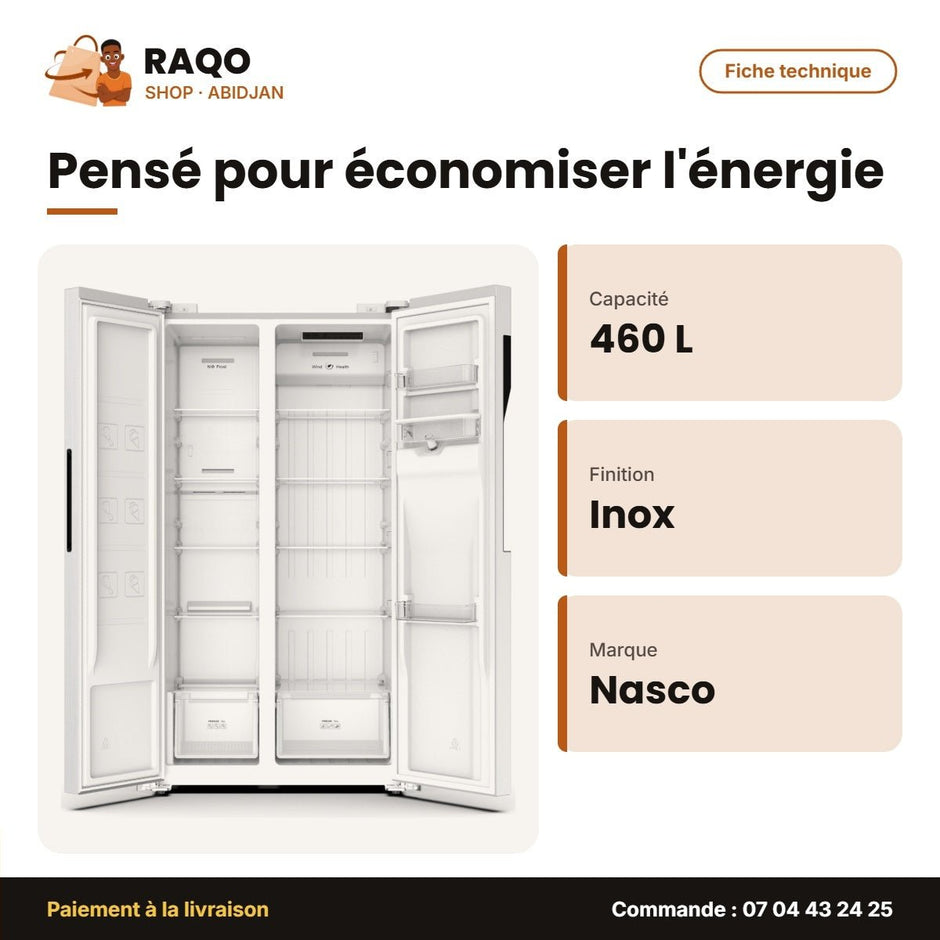 Réfrigérateur Américain Nasco – 2PORTES – 460L NET(280L+180L) – Inox | KNASF2-62.2WD - RAQO